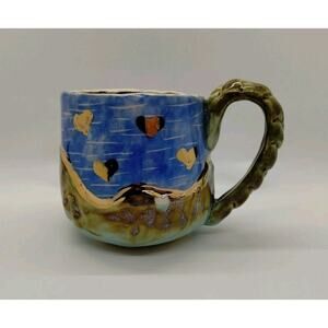 Handmade Coffee Mug - Gold Hearts - Braided Handle - Tea Cup